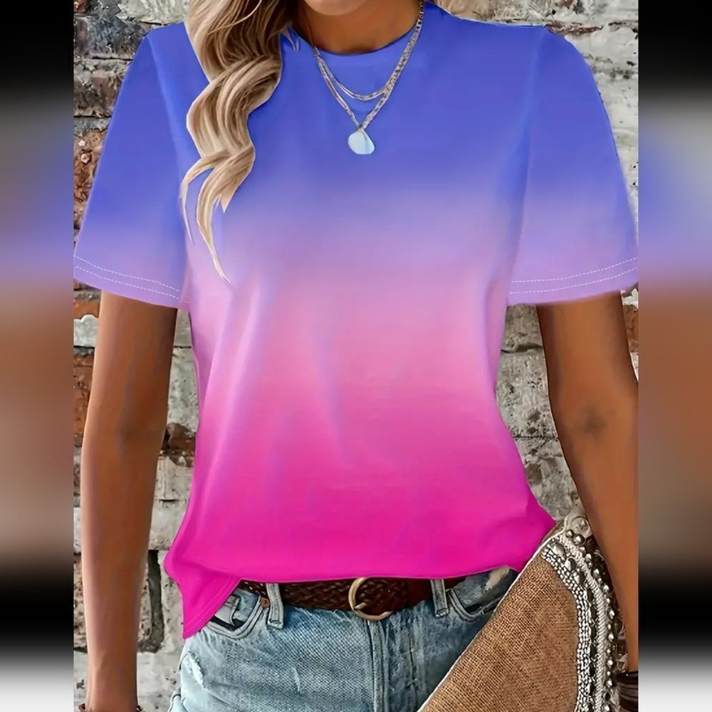Vibrant Pink Blue Ombre Gradient Crew Neck Women's Top Sz 20